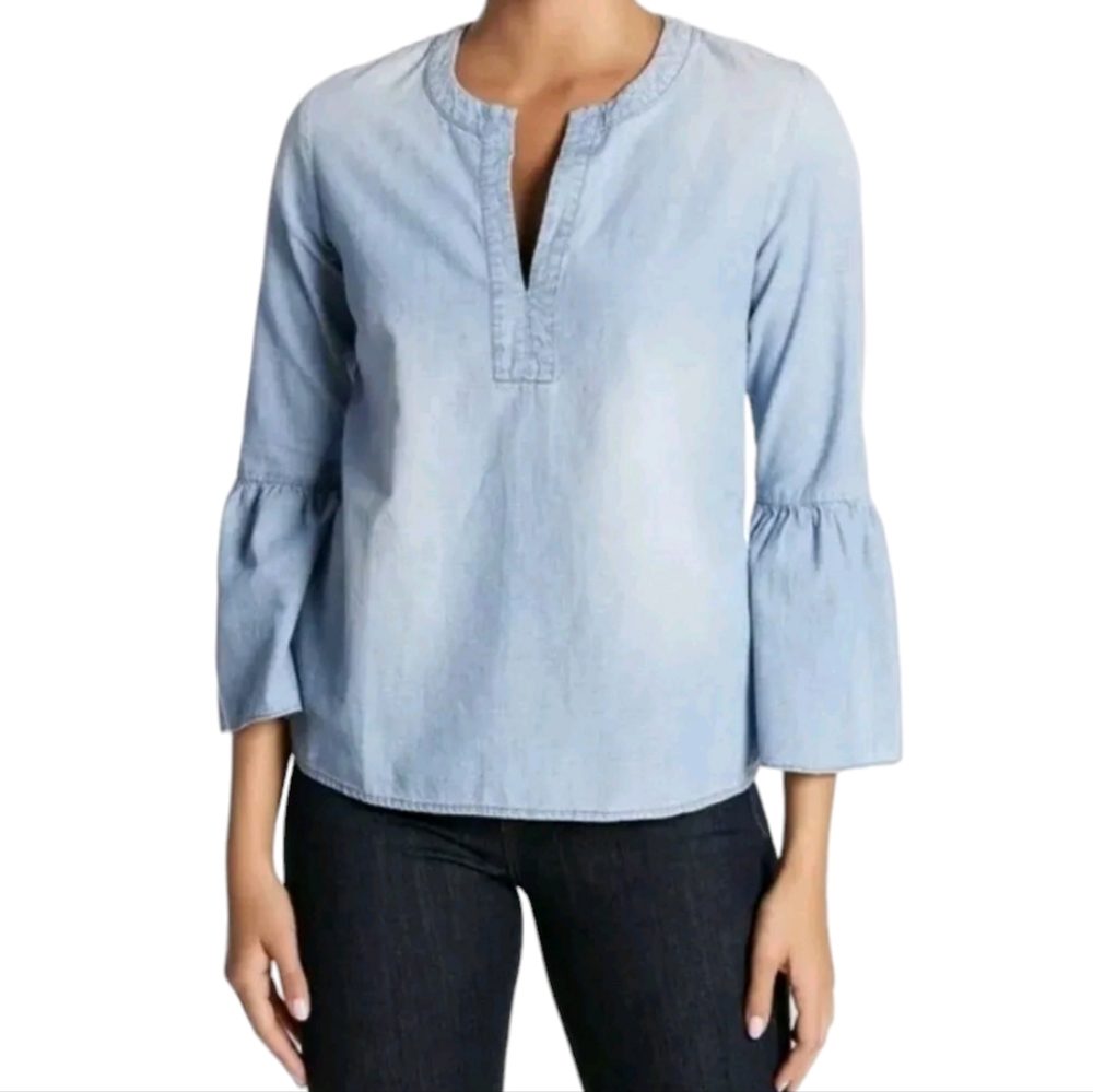 J. Crew Top Size XS Chambray Lightweight Bell Sleeve Split V-neck Popover Blouse